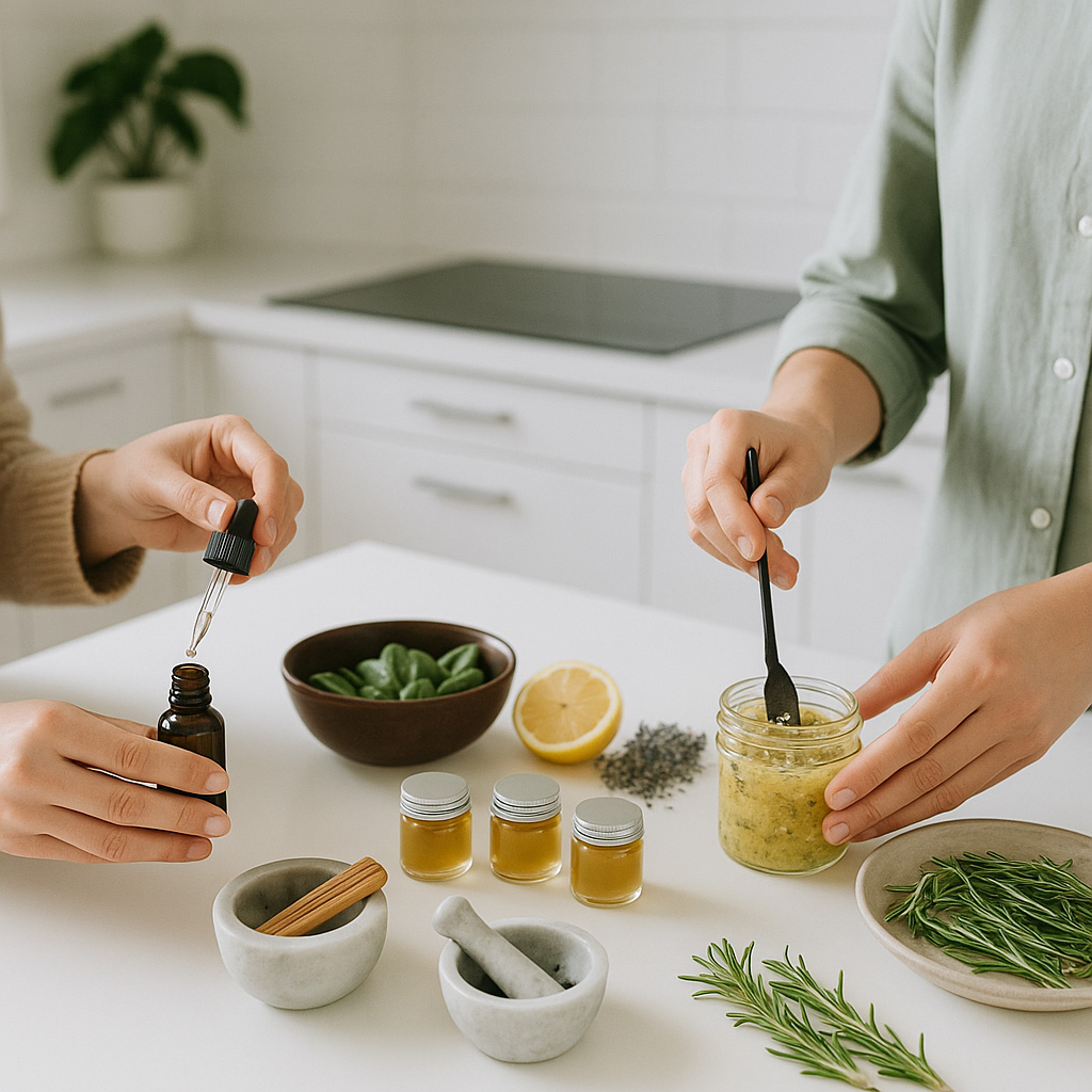 Personas preparando recetas naturales con aceites e ingredientes vegetales